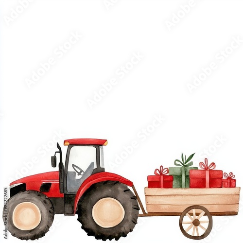 A farm tractor pulling a wagon filled with Christmas presents, watercolor illustration, isolated on white background