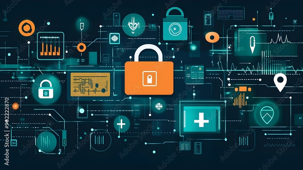 Digital Security Network Concept with Lock and Tech Icons Digital Security Network Concept with Lock and Tech Icons