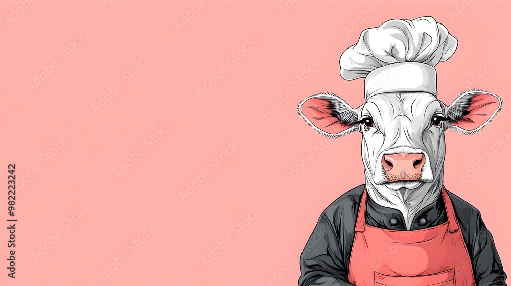 Whimsical Anime-Style Cow Chef in Apron and Toque on Plain Coral Background Whimsical Anime-Style Cow Chef in Apron and Toque on Plain Coral Background