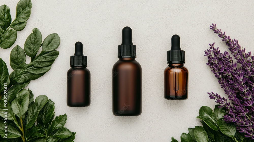 Fototapeta premium Elegant arrangement of essential oil bottles surrounded by greenery and lavender, perfect for wellness and beauty themes.