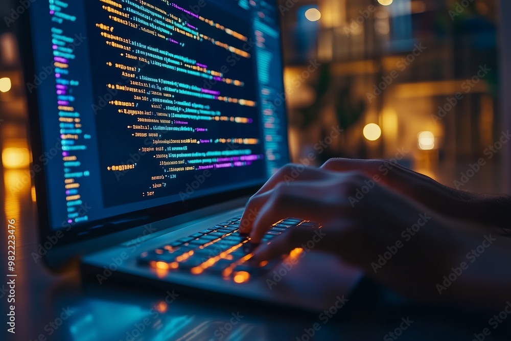 Closeup of hands typing on a keyboard with digital technology, software development concept. Coding programmer, software engineer working on laptop Closeup of hands typing on a keyboard with digital technology, software development concept. Coding programmer, software engineer working on laptop