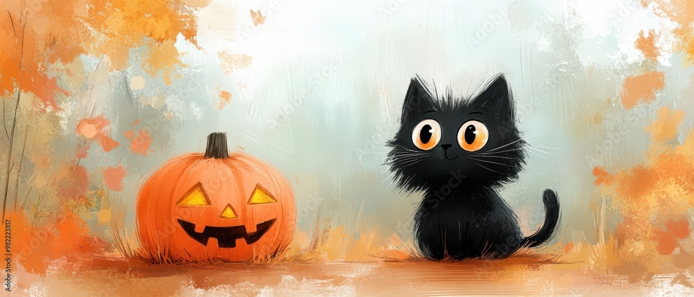 Cute Black Cat and JackoLantern Pumpkin in Autumn Forest Illustration Cute Black Cat and JackoLantern Pumpkin in Autumn Forest Illustration