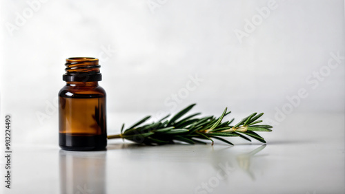 Amber glass bottle of essential oil with fresh rosemary sprig on a light background photo