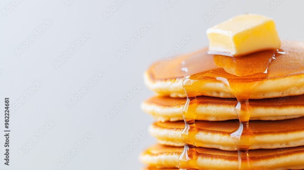Fluffy pancakes stacked high with melting butter and dripping syrup, perfect for breakfast or brunch. Fluffy pancakes stacked high with melting butter and dripping syrup, perfect for breakfast or brunch.