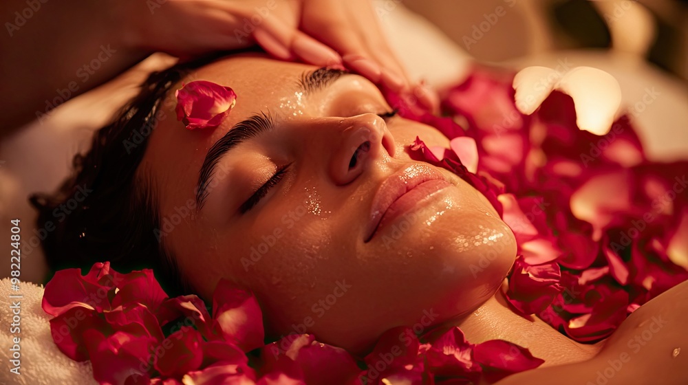 Woman Receiving a Facial Treatment with Rose Petals Woman Receiving a Facial Treatment with Rose Petals