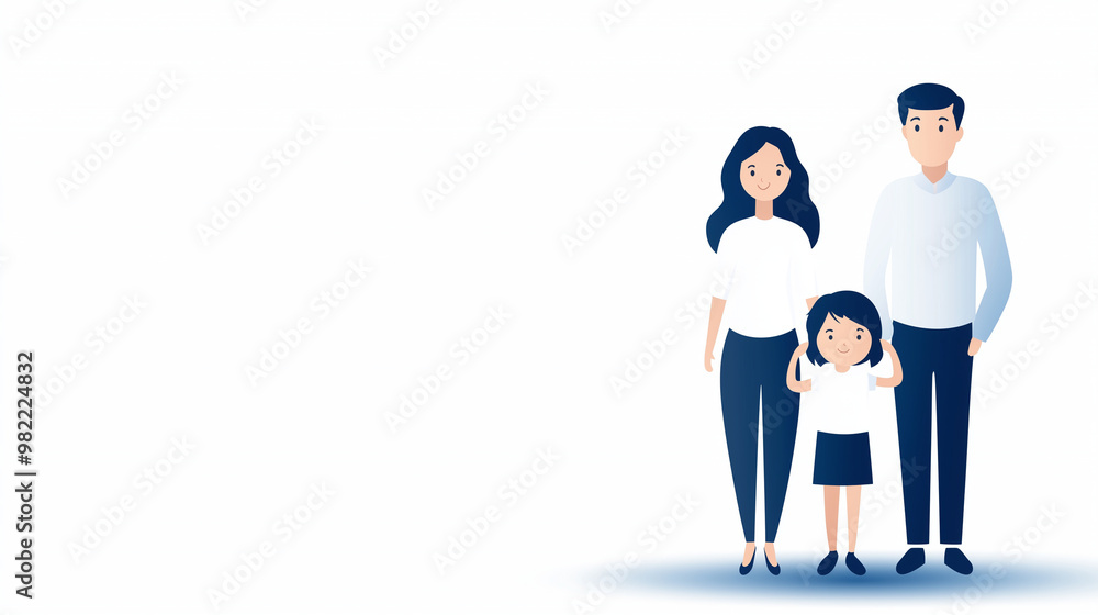 Cute family illustration with a mother, father, and child standing together, pastel colors, plain white background, simple and heartwarming design, copy space Cute family illustration with a mother, father, and child standing together, pastel colors, plain white background, simple and heartwarming design, copy space