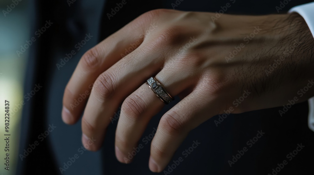Groom's Elegance: Man's Hand Adorned with Wedding Ring, Symbol of Love and Commitment Groom's Elegance: Man's Hand Adorned with Wedding Ring, Symbol of Love and Commitment
