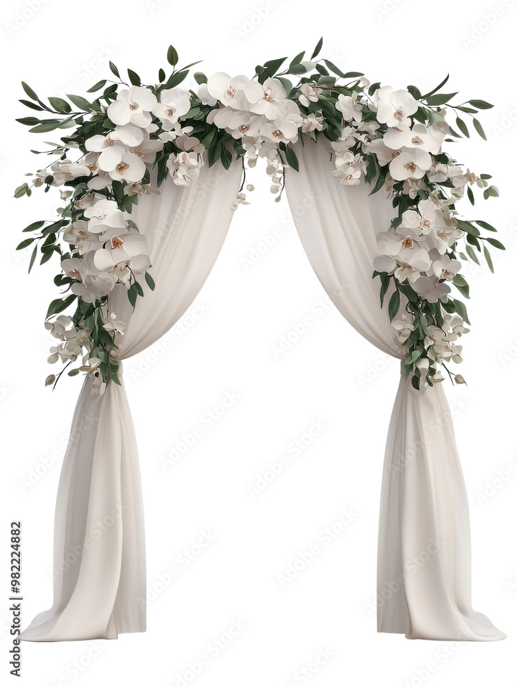 Elegant floral arch with white drapes, adorned with flowers and greenery, perfect for weddings or celebrations. Elegant floral arch with white drapes, adorned with flowers and greenery, perfect for weddings or celebrations.