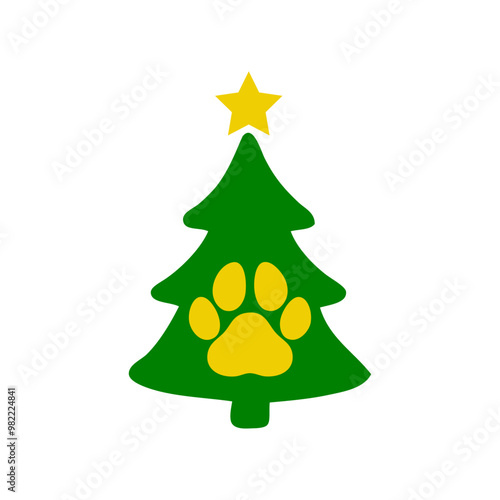 Navidad con mascotas. Logo con silueta de pata de gato o perro en árbol de navidad tipo pino o abeto con estrella para tarjetas y felicitaciones