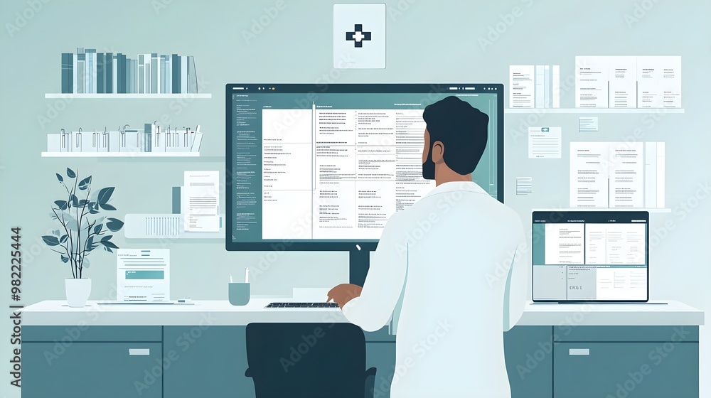 Doctor Working at Computer, Healthcare Office Interior Doctor Working at Computer, Healthcare Office Interior