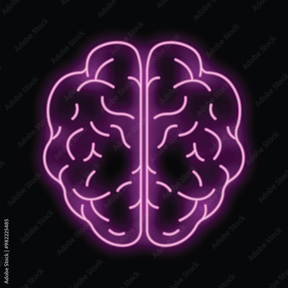 Purple neon sign depicting a human brain glowing on a black background Purple neon sign depicting a human brain glowing on a black background