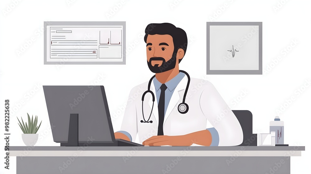 Doctor Working on Laptop in Office with Medical Charts Doctor Working on Laptop in Office with Medical Charts