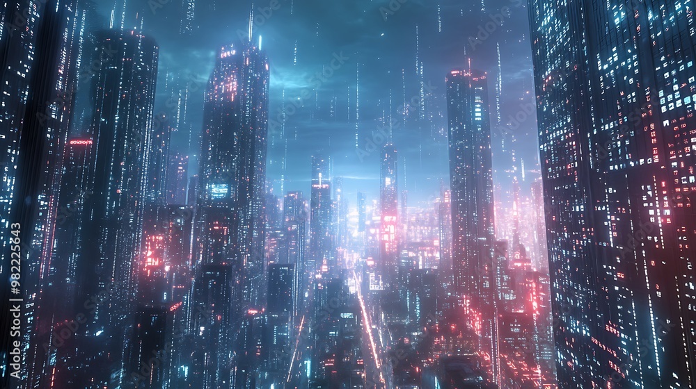 A digital landscape where binary code streams through a futuristic ...