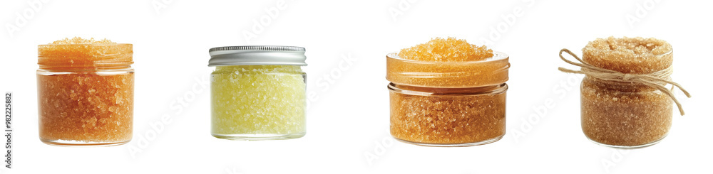 Colorful jars of natural sugar scrubs on a bright background Transparent Background. Colorful jars of natural sugar scrubs on a bright background Transparent Background.