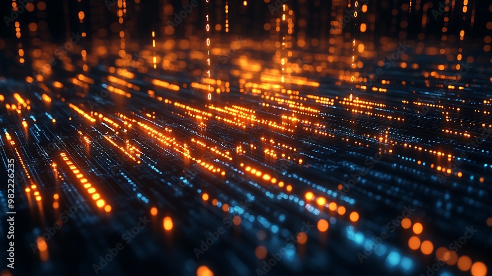 An abstract visualization of binary code flowing through a series of interconnected circuits, forming a continuous stream of data. The background is dark, with the glowing code illuminating An abstract visualization of binary code flowing through a series of interconnected circuits, forming a continuous stream of data. The background is dark, with the glowing code illuminating