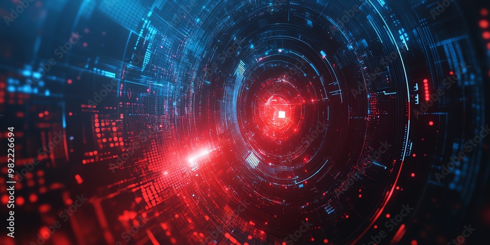 Abstract digital background with red and blue glowing lines and dots forming a tunnel. Abstract digital background with red and blue glowing lines and dots forming a tunnel.