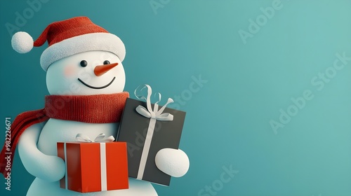 A cheerful snowman in a Santa hat holds colorful gifts, embodying the joyful spirit of the holiday season against a teal background.