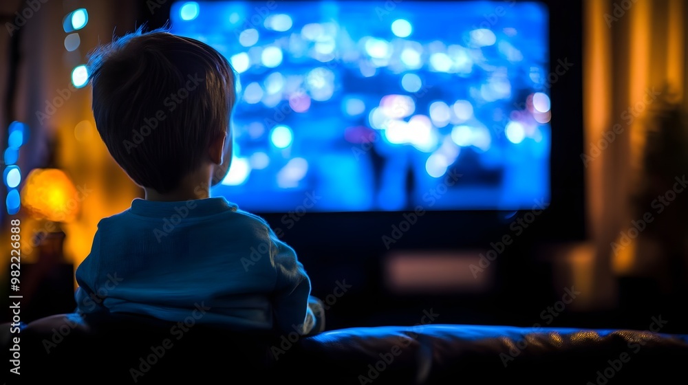 A child mesmerized by a glowing television screen, bathed in soft blue light, creating a cozy home environment. A child mesmerized by a glowing television screen, bathed in soft blue light, creating a cozy home environment.