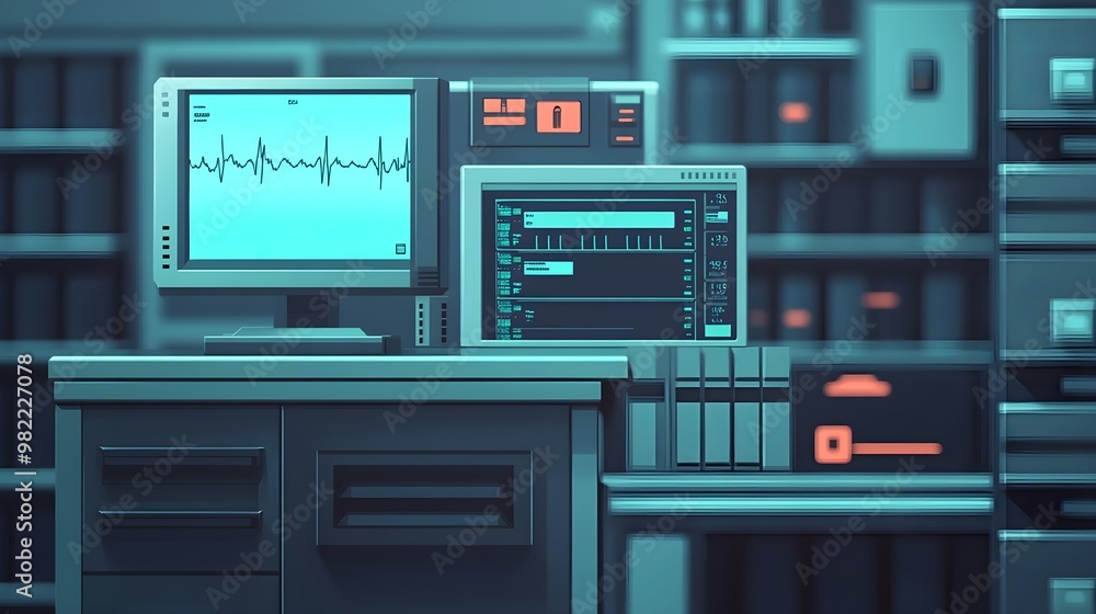 Obraz premium Futuristic Medical Monitors, Blue & Green Interface