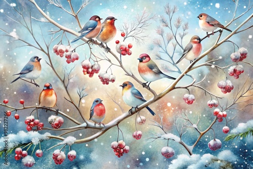 Softly colored watercolor painting of a flock of snow-dusted birds perched on skeletal winter trees, surrounded by delicate snowflakes and frosty berries photo