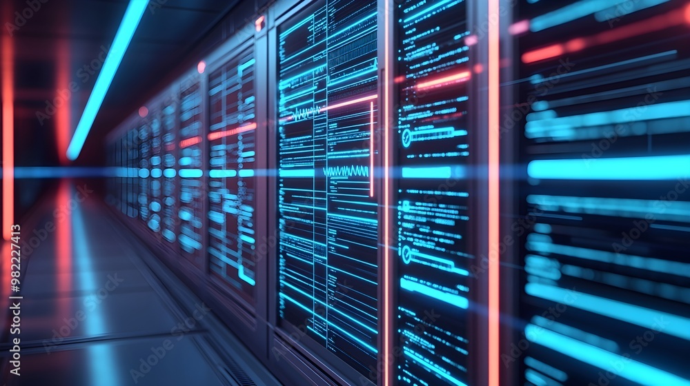 Futuristic Server Room with Blue and Red Neon Lights Futuristic Server Room with Blue and Red Neon Lights
