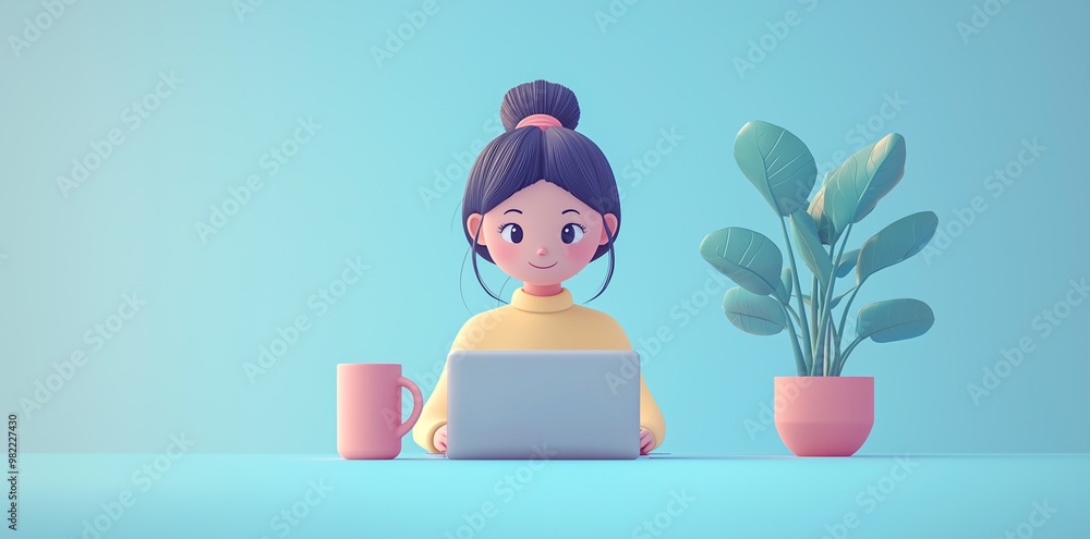 A 3D-rendered woman in a hoodie, working on a laptop with a cup of coffee, minimalist background. A 3D-rendered woman in a hoodie, working on a laptop with a cup of coffee, minimalist background.