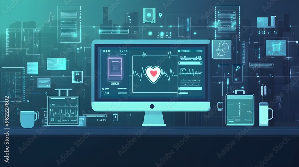 Futuristic Tech Desktop with Heartbeat Monitor & Cityscape Futuristic Tech Desktop with Heartbeat Monitor & Cityscape