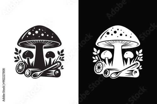 Black and White Beauty Mushroom Silhouette Icon.