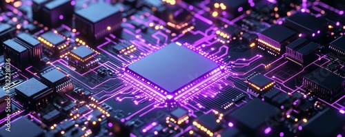 Close-up of a vibrant computer circuit board showcasing intricate details and luminous components in purple hues.