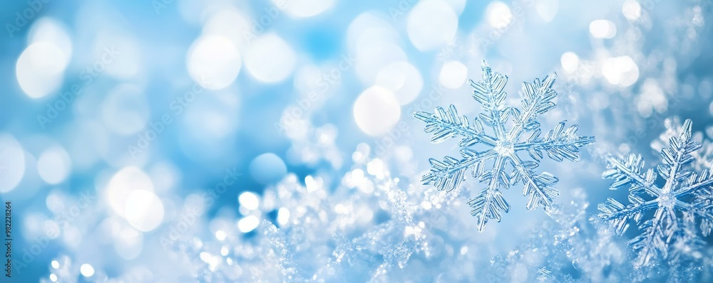Delicate snowflakes on a serene blue background, capturing the essence of winter's beauty and tranquility in a captivating image. Delicate snowflakes on a serene blue background, capturing the essence of winter's beauty and tranquility in a captivating image.