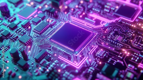 Close-up view of a vibrant circuit board showcasing detailed circuitry in neon colors, ideal for tech and innovation themes.