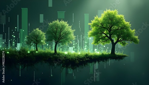 Three vibrant trees stand in a digital environment with floating green elements and light effects