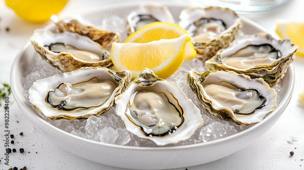 A platter of fresh oysters served on a bed of ice, accompanied by lemon wedges. The oysters glisten with a briny freshness, ready to be enjoyed with a splash of citrus. A platter of fresh oysters served on a bed of ice, accompanied by lemon wedges. The oysters glisten with a briny freshness, ready to be enjoyed with a splash of citrus.
