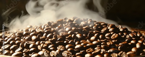 Freshly roasted coffee beans emit steam, showcasing their rich aroma and texture, perfect for coffee lovers and enthusiasts. photo