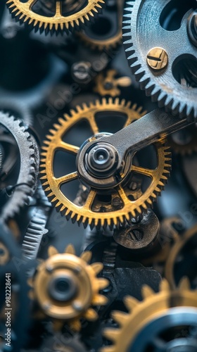 Intricate close-up of golden gears and mechanical components showcasing precision engineering and craftsmanship in motion.