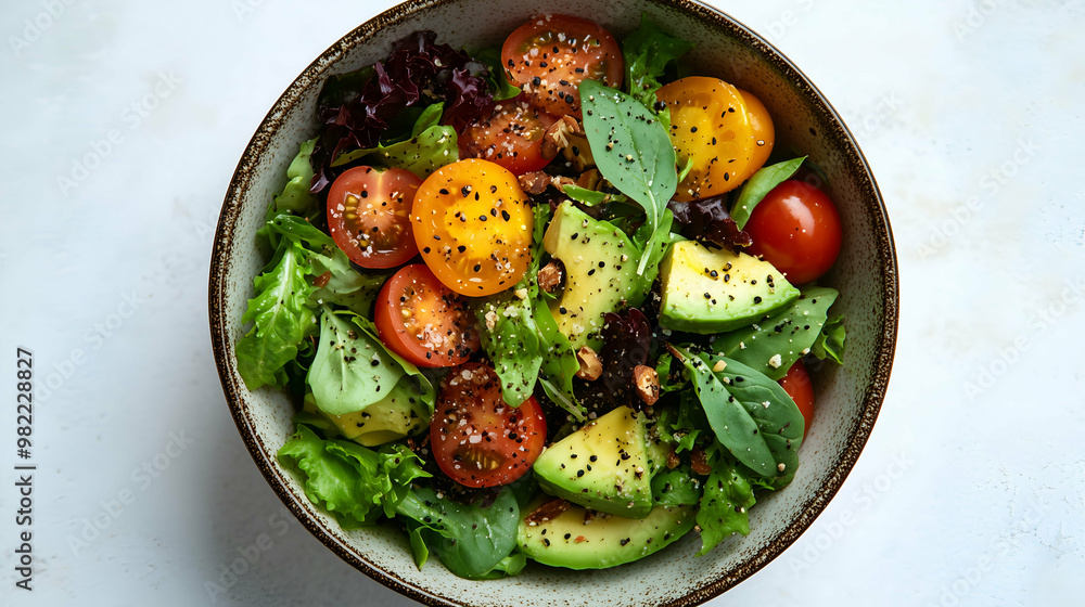 A vibrant salad featuring creamy avocado, colorful heirloom tomatoes, and mixed greens, topped with a sprinkle of seeds and nuts. This healthy and fresh bowl is perfect for a light meal or side dish. A vibrant salad featuring creamy avocado, colorful heirloom tomatoes, and mixed greens, topped with a sprinkle of seeds and nuts. This healthy and fresh bowl is perfect for a light meal or side dish.