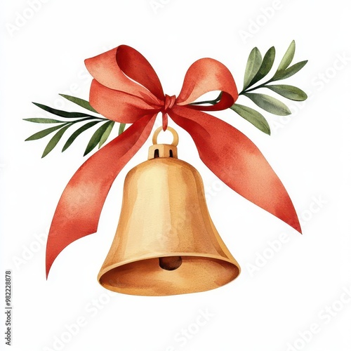 Christmas bell clipart, golden with red ribbon, watercolor illustration, metallic colors, isolated on white background photo