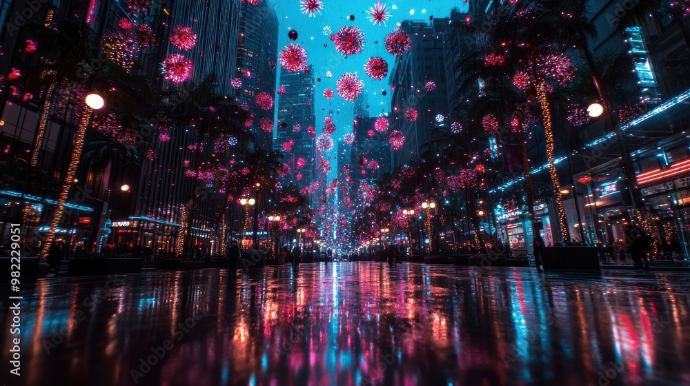 A bustling city street adorned with vibrant pink and blue lights, festive decorations, and palm trees, reflecting on wet pavement. A bustling city street adorned with vibrant pink and blue lights, festive decorations, and palm trees, reflecting on wet pavement.
