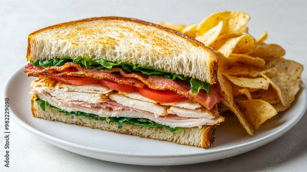 A hearty sandwich featuring layers of sliced turkey, crispy bacon, fresh lettuce, and ripe tomato between toasted bread, served with crunchy tortilla chips on the side. A hearty sandwich featuring layers of sliced turkey, crispy bacon, fresh lettuce, and ripe tomato between toasted bread, served with crunchy tortilla chips on the side.