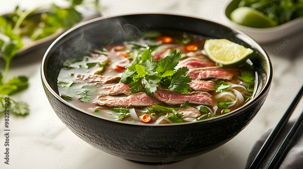 A steaming bowl of traditional Vietnamese pho with tender slices of beef, fresh herbs, and rice noodles. Garnished with cilantro, chili slices, and a wedge of lime, served in a black bowl. A steaming bowl of traditional Vietnamese pho with tender slices of beef, fresh herbs, and rice noodles. Garnished with cilantro, chili slices, and a wedge of lime, served in a black bowl.