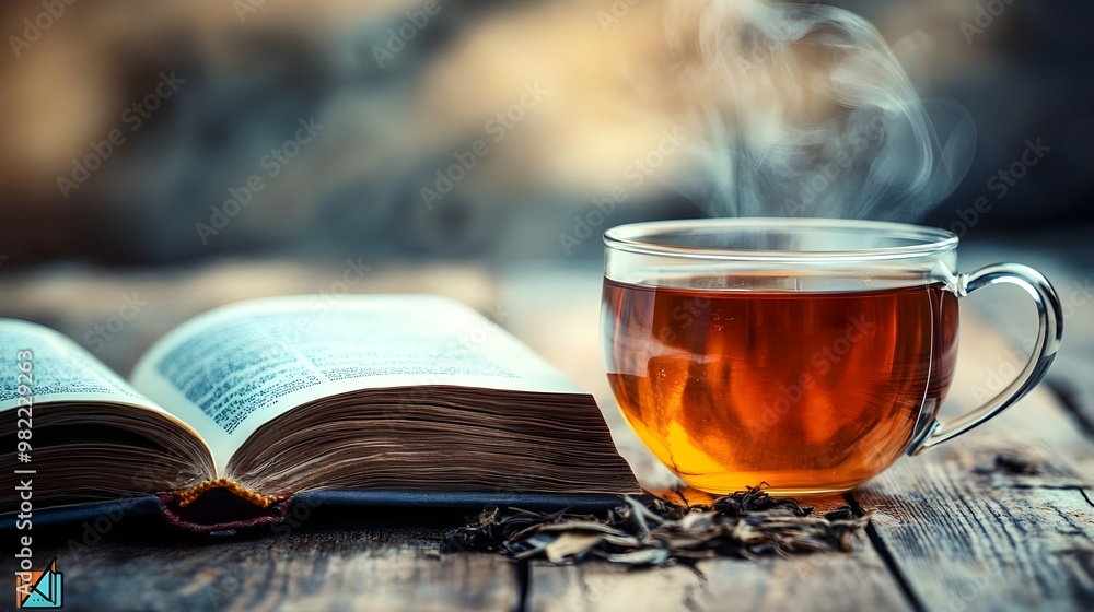 A cozy scene featuring a steaming cup of tea beside an open book on a rustic table, perfect for relaxation and mindfulness. A cozy scene featuring a steaming cup of tea beside an open book on a rustic table, perfect for relaxation and mindfulness.