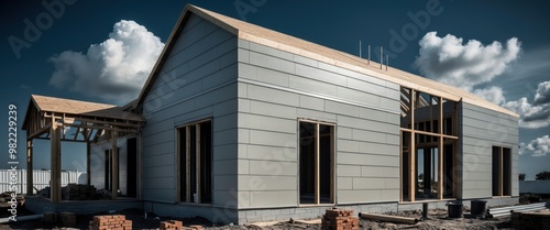 Modern building under construction with a distinctive architectural style, featuring large windows and a contemporary design. photo