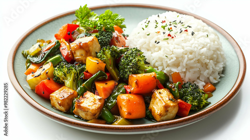 A vibrant plate of stir-fried vegetables, tofu, and bell peppers served alongside fluffy steamed rice. This healthy dish features broccoli, carrots, and tofu, offering a colorful and nutritious meal. photo