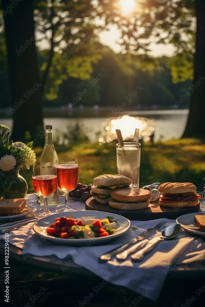 A picturesque outdoor dining setup with various foods and drinks by a serene lake. A picturesque outdoor dining setup with various foods and drinks by a serene lake.