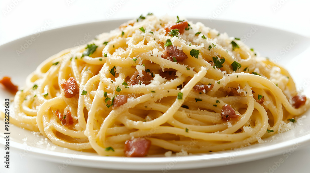 A plate of classic spaghetti carbonara, featuring perfectly cooked pasta tossed in a creamy sauce with crispy bacon, Parmesan cheese, and a sprinkle of fresh parsley for garnish. A plate of classic spaghetti carbonara, featuring perfectly cooked pasta tossed in a creamy sauce with crispy bacon, Parmesan cheese, and a sprinkle of fresh parsley for garnish.