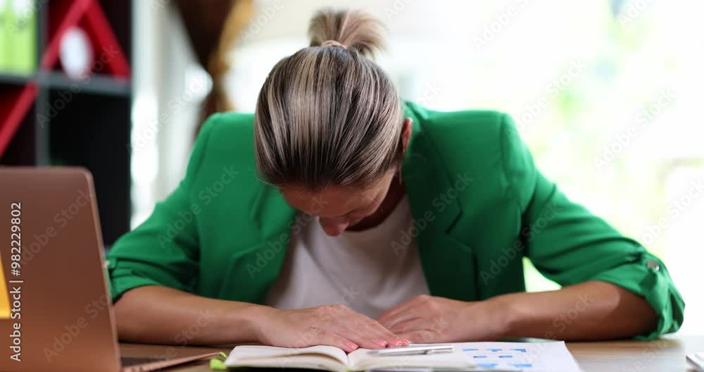 Bored sleepy business woman sleeping in workplace. Tired employee takes nap during break and falls asleep at table Bored sleepy business woman sleeping in workplace. Tired employee takes nap during break and falls asleep at table