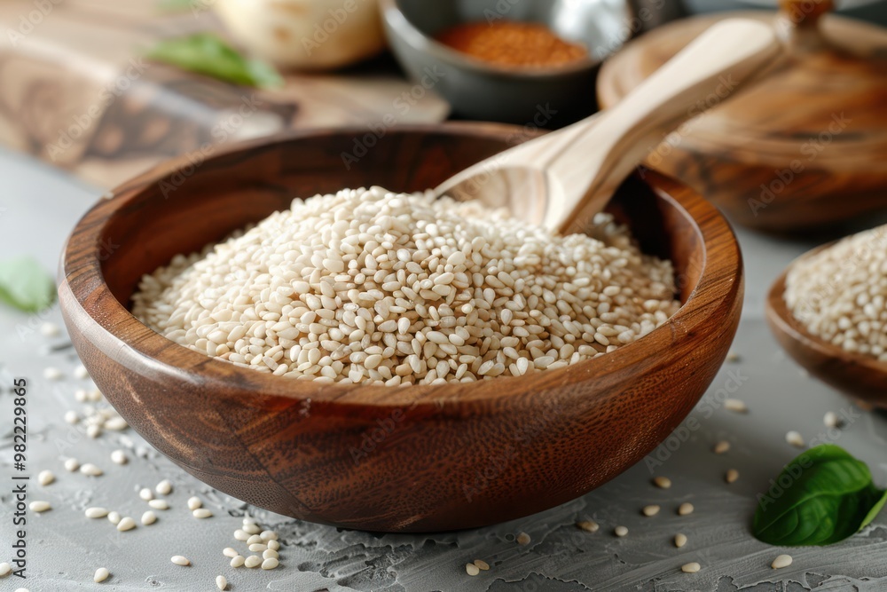 A wooden bowl filled with white sesame grains, with a wooden spoon ready for serving, perfect for culinary themes. A wooden bowl filled with white sesame grains, with a wooden spoon ready for serving, perfect for culinary themes.