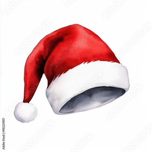 Christmas hat clipart, fluffy red and white Santa hat, watercolor illustration, festive tones, isolated on white background