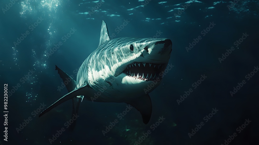 Naklejka premium Shark with open mouth and dark sea, Generative AI