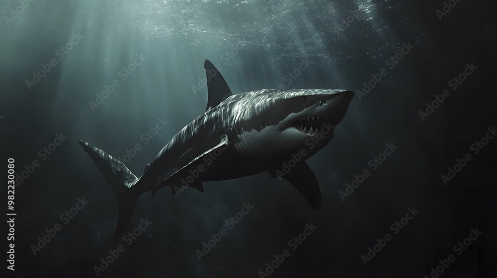Naklejka premium Shark with open mouth and dark sea, Generative AI